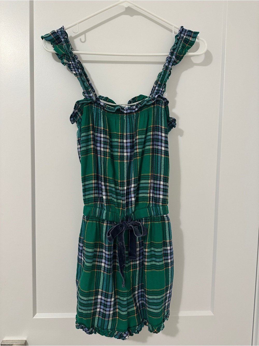Aerie Green Plaid Sleepwear Flannel Romper Ruffle Straps Size Small Women’s